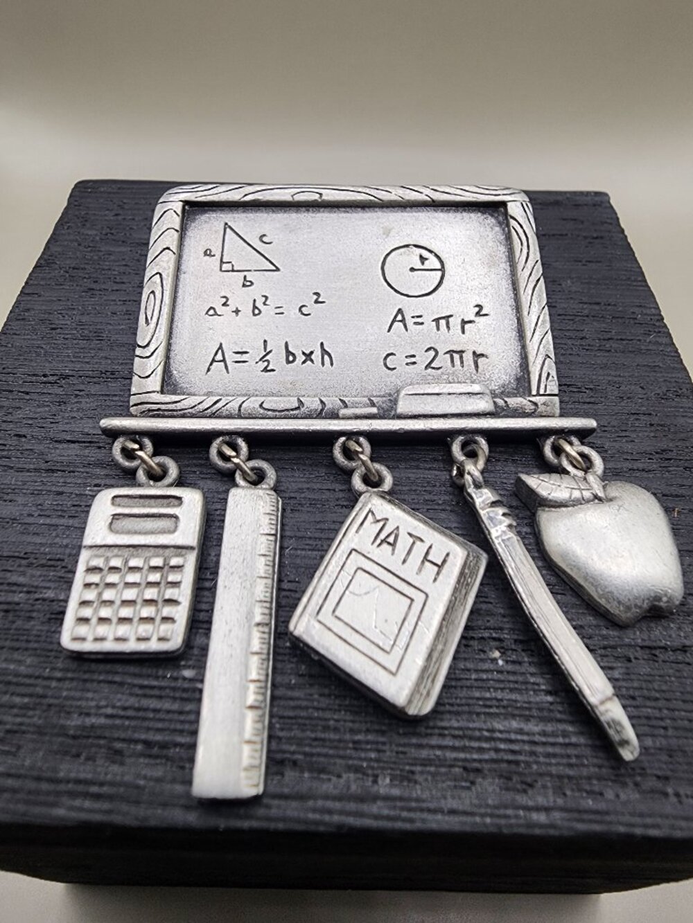 Vintage JJ Jonette Math Teacher Chalkboard Dangle Brooch Pewter Pin